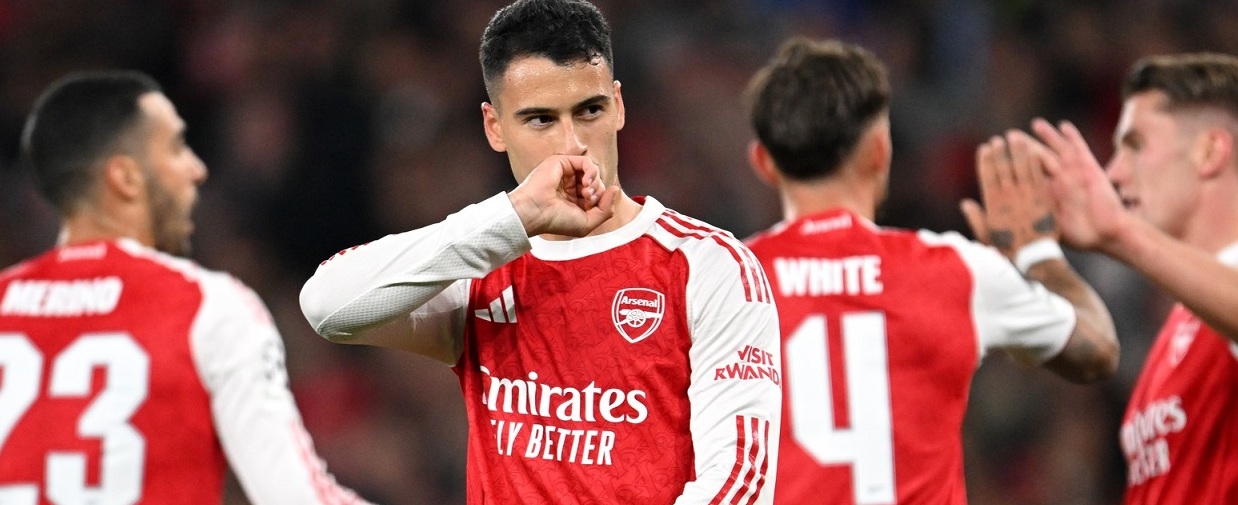 LONDON, ENGLAND - OCTOBER 01: Gabriel Martinelli of Arsenal celebrates scoring his team's first goal during the UEFA Champions League 2025/26 League Phase MD2 match between Arsenal FC and Olympiacos FC at Arsenal Stadium on October 01, 2025 in London, England. (Photo by Stuart MacFarlane/Arsenal FC via Getty Images)
